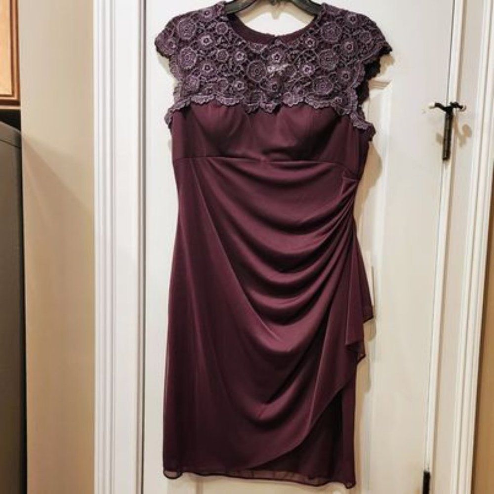 NWT Alex Evenings Cutout Back Dress Sz 10 Eggplant Ruched Lace